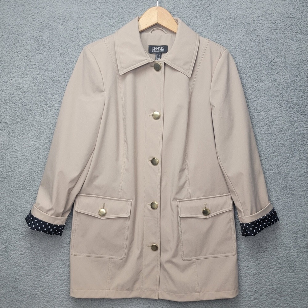 DENNIS BY DENNIS BASSO Khaki Waterproof Safari Trench Coat Jacket PolkaDot Sz M